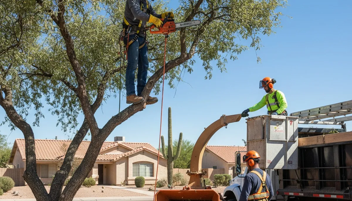Tree service crew in Phoenix, AZ removing a tree for safe residential property clearance